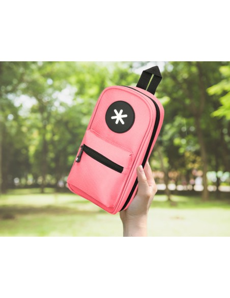 Estuche portatodo antartik forma de mochila con bolsillo y 4 departamentos color coral 230x50x120 mm