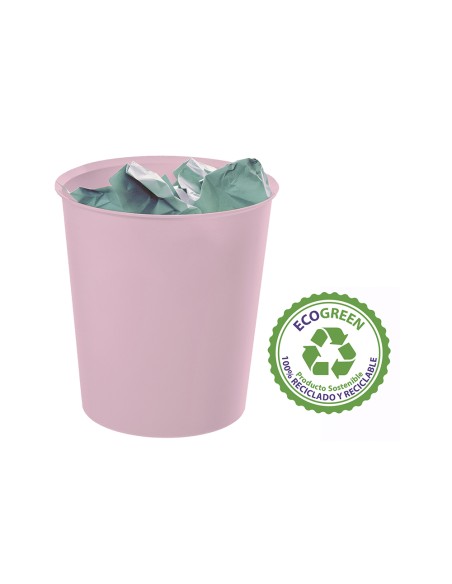 Papelera plastico archivo 2000 ecogreen 100% reciclada 18 litros color rosa pastel 290x310 mm