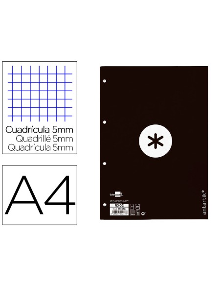 Recambio antartik a4 80 hojas 90gr cuadro 5 mm 4 taladros 1 banda marco color negro
