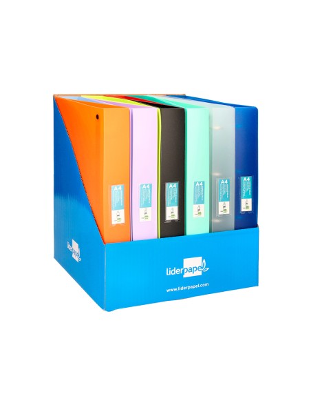 Carpeta liderpapel 4 anillas 25mm mixtas polipropileno din a4 colores surtidos expositor de 12 unidades