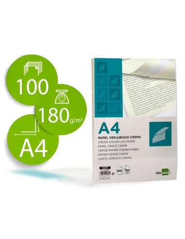 Papel verjurado liderpapel a4 180g/m2 crema...
