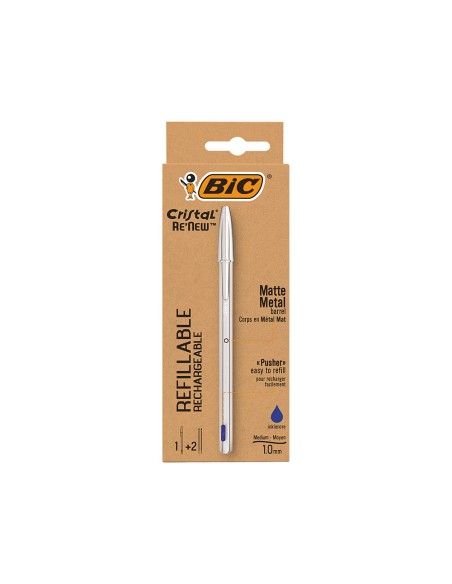 Boligrafo bic cristal renew cuerpo en aluminio mate tinta azul + 2 recambios en caja de carton
