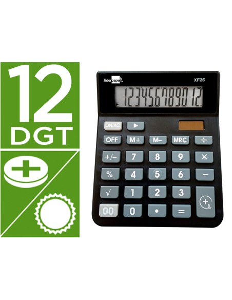 Calculadora liderpapel sobremesa xf26 12 digitos solar y pilas color negro 127x105x24 mm