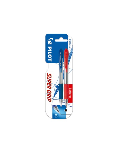 Boligrafo pilot super grip retractil sujecion de caucho tinta base de aceite en blister 1 azul + 1 rojo