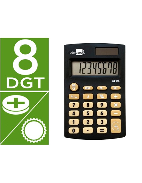 Calculadora liderpapel bolsillo xf05 8 digitos solar y pilas color negro 98x62x8 mm