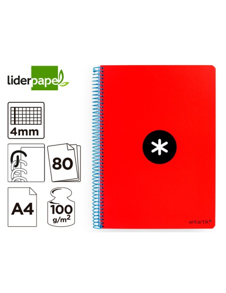 Cuaderno espiral a4 antartik tapa dura 80h 90gr cuadro 4mm con margen color rojo