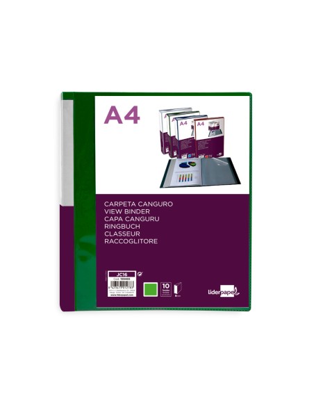 Carpeta liderpapel 10 fundas canguro pp din a4 verde translucido portada y lomo personalizable