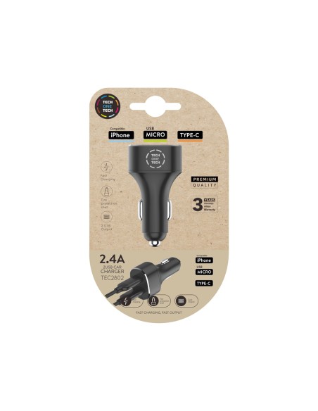 Cargador tech one tech 2.4 coche mechero doble para iphone / usb micro / type-c color negro