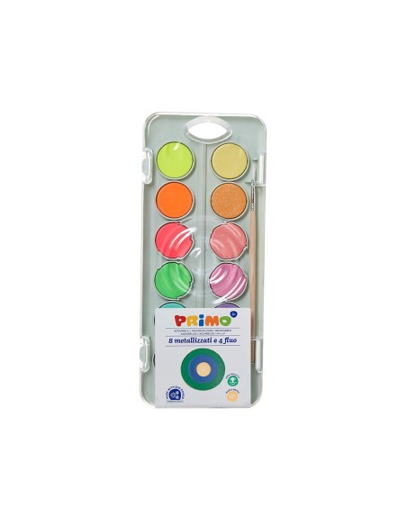 Acuarela primo 8 colores metal + 4 colores neon con pincel y paleta de mezcla estuche de plastico