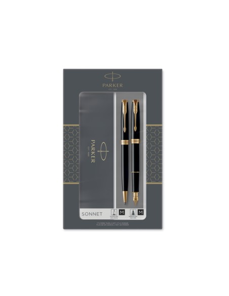 Juego parker duo sonnet laca negra gt boligrafo + pluma con plumin acero inoxidable