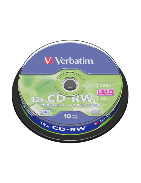 Cd-rw verbatim serl capacidad 700mb velocidad 12x 80 min tarrina de 10 unidades