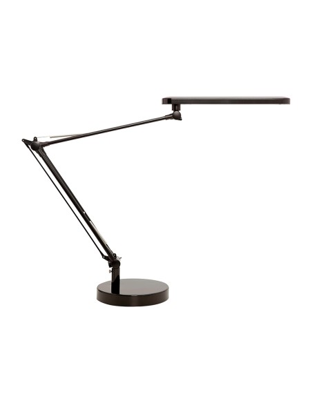 Lampara de escritorio unilux mambo led 5,6w doble brazo articulado abs y aluminio negro base 19 cm diametro