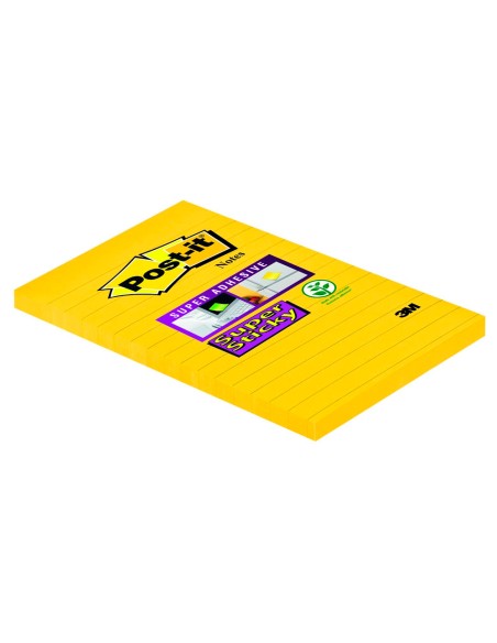 Bloc de notas adhesivas quita y pon post-it super sticky rayado amarillo ultra 101x152 mm