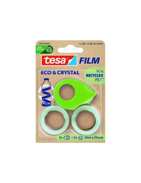 Cinta adhesiva tesa film eco&cristal transparente 10 m x 19 mm blister de 2 unidades + miniportarrollo