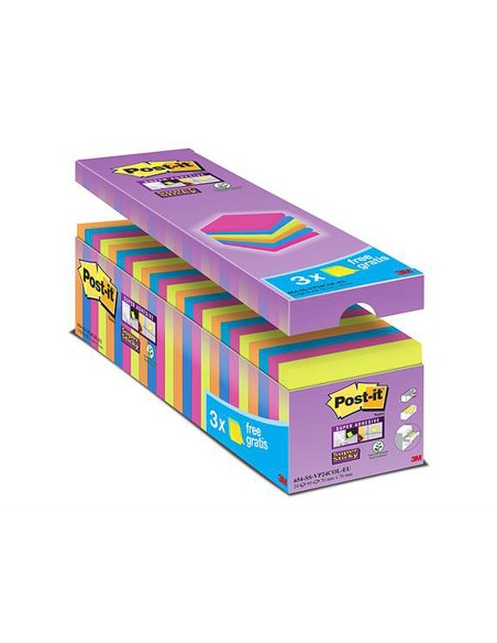 Bloc de notas adhesivas quita y pon post-it super sticky 76x76 mm 90 hojas colores surtidos pack de 21 + 3