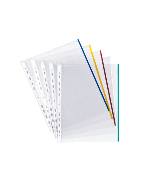 Funda multitaladro q-connect din a4 70 mc cristal con borde colores surtidos bolsa de 25 unidades
