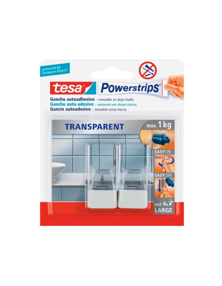 Gancho autoadhesivo tesa powerstrips grande transparente/acero + tiras sujecion hasta 1 kg