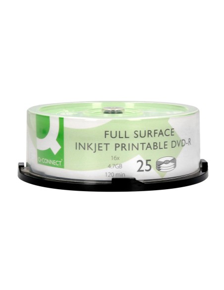 Dvd-r q-connect con superficie 100% imprimible para inkjet capacidad 4,7gb duracion 120mivelocidad 16x bote de 25 unid
