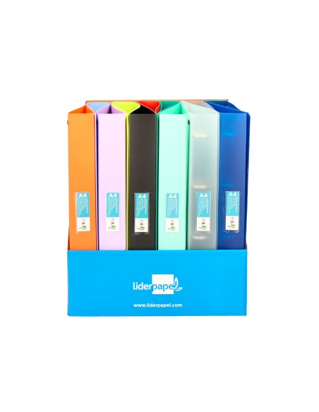 Carpeta liderpapel 4 anillas 25mm mixtas polipropileno din a4 colores surtidos expositor de 12 unidades