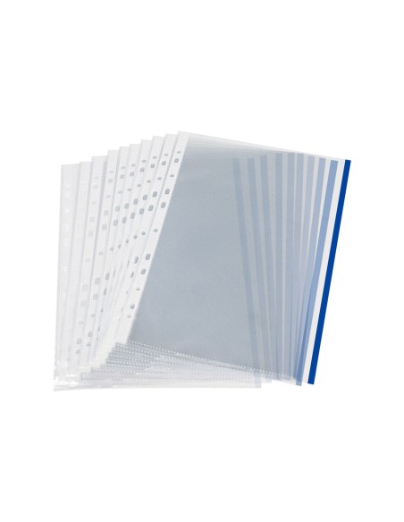 Funda multitaladro q-connect din a4 70 mc pp cristal con borde azul bolsa de 10 unidades
