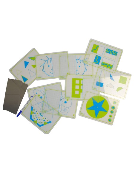 Juego fichas henbea transparentes + espejos simetrias y formas 21x15 cm set 10 tarjetas + 2 espejos