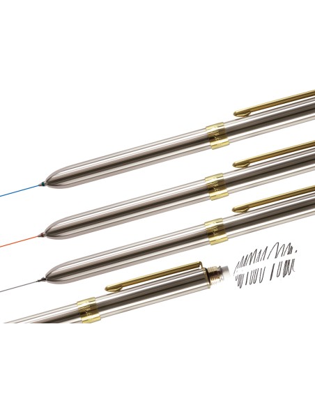 Boligrafo milan multifuncion cromado adornos dorados azul/rojo/portaminas 0,5 mm/ goma de borrar en caja metal
