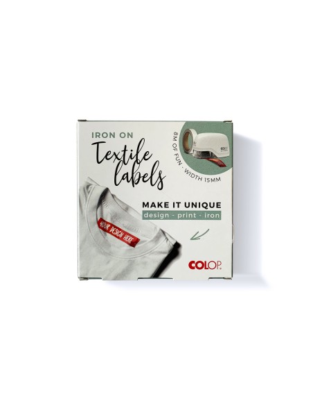Cinta textil colop tafetan termo adhesiva ancho 15 mm para impresora e-mark rollo de 8 m