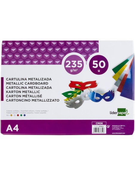 Cartulina liderpapel a4 235 g/m2 metalizada 5 colores surtidos paquete de 50 hojas