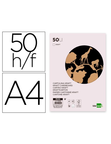 Cartulina kraft liderpapel a4 180g/m2 paquete de 50 hojas