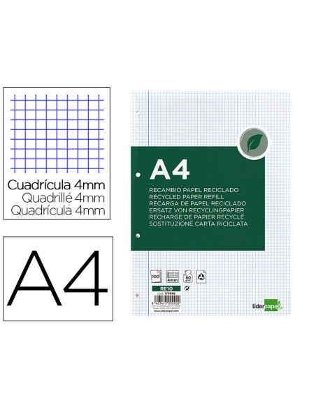 Recambio liderpapel a4 100 hojas papel reciclado 100% 80gr cuadro 4mm con margen 4 taladros