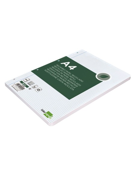 Recambio liderpapel a4 100 hojas papel reciclado 100% 80gr cuadro 4mm con margen 4 taladros