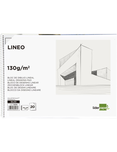Bloc dibujo liderpapel lineal espiral 230x325mm 20 hojas 130gr/m2 con recuadro 2 taladros perforado