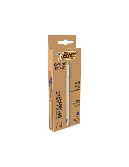 Boligrafo bic cristal renew cuerpo en aluminio mate tinta azul + 2 recambios en caja de carton