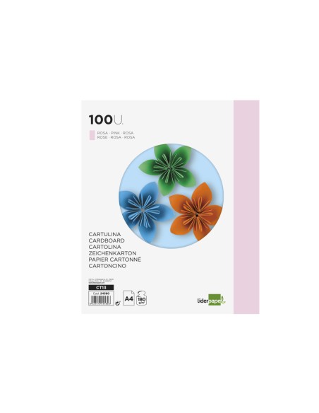 Cartulina liderpapel a4 180g/m2 rosa paquete de 100 hojas