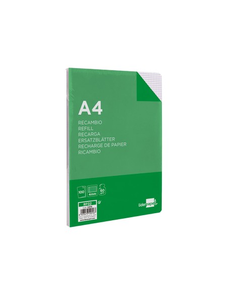Recambio liderpapel a4 100 hojas 60gr cuadro 4mm con margen sin taladros