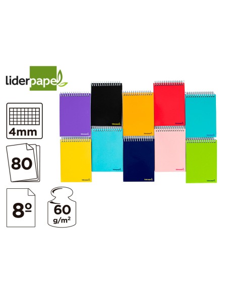 Cuaderno espiral liderpapel bolsillo octavo apaisado smart tapa blanda 80h 60gr cuadro 4mm colores surtidos