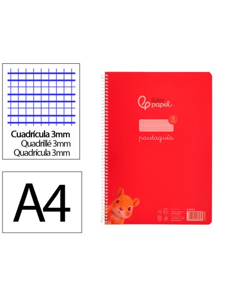 Cuaderno espiral liderpapel a4 pautaguia tapa plastico 80h 90gr cuadro pautado 3mm con margen color rojo