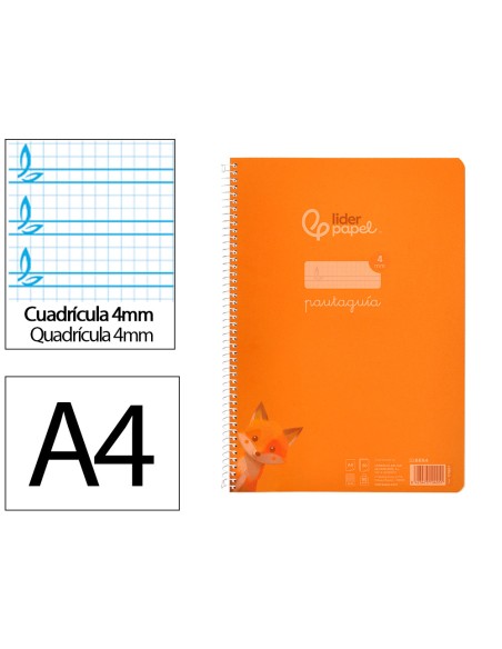 Cuaderno espiral liderpapel a4 pautaguia tapa plastico 80h 90gr cuadro pautado 4mm con margen color naranja
