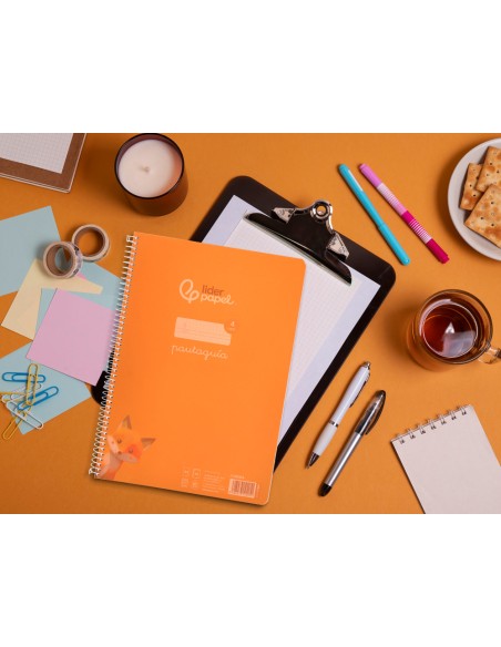 Cuaderno espiral liderpapel a4 pautaguia tapa plastico 80h 90gr cuadro pautado 4mm con margen color naranja