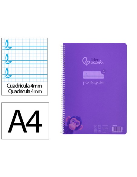 Cuaderno espiral liderpapel a4 pautaguia tapa plastico 80h 90gr cuadro pautado 4mm con margen color lila