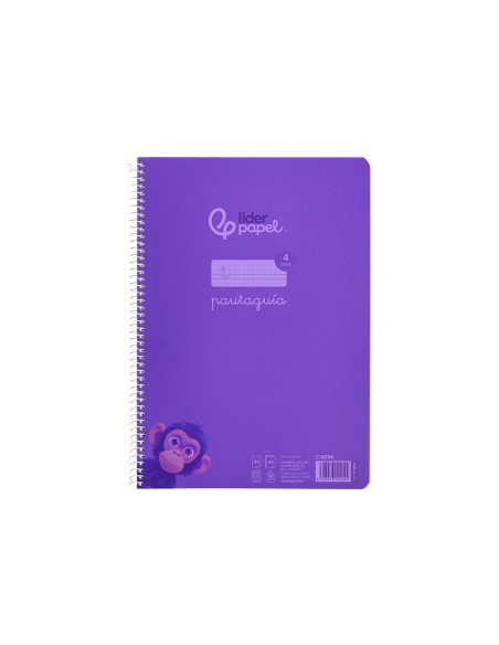 Cuaderno espiral liderpapel a4 pautaguia tapa plastico 80h 90gr cuadro pautado 4mm con margen color lila