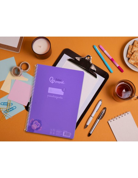 Cuaderno espiral liderpapel a4 pautaguia tapa plastico 80h 90gr cuadro pautado 4mm con margen color lila