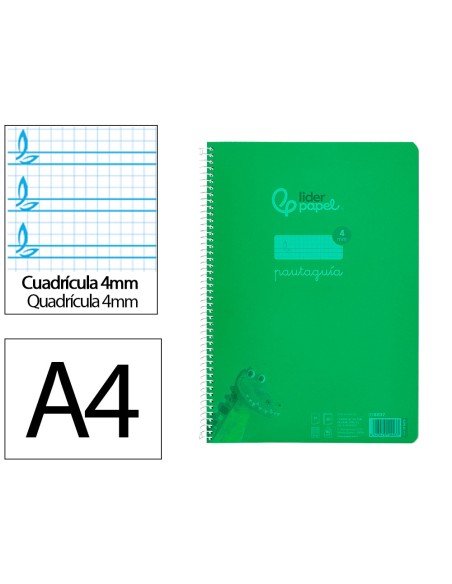 Cuaderno espiral liderpapel a4 pautaguia tapa plastico 80h 90gr cuadro pautado 4mm con margen color verde