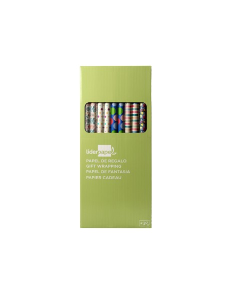 Papel de regalo liderpapel todo año rollo ancho 70 cm longitud 2 mt gramaje 60 gr diseños surtidos