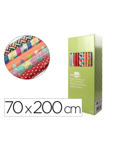 Papel de regalo liderpapel todo año rollo ancho 70 cm longitud 2 mt gramaje 60 gr diseños surtidos
