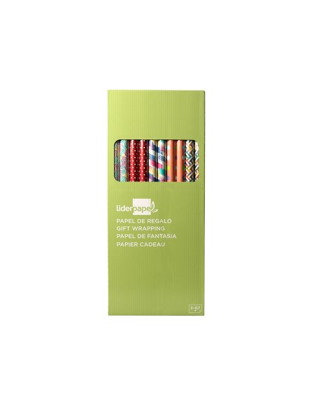 Papel de regalo liderpapel todo año rollo ancho 70 cm longitud 2 mt gramaje 60 gr diseños surtidos