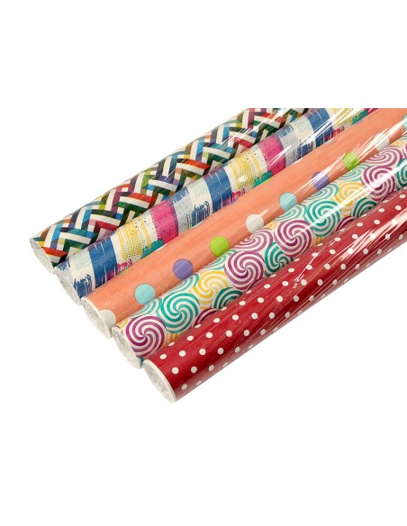 Papel de regalo liderpapel todo año rollo ancho 70 cm longitud 2 mt gramaje 60 gr diseños surtidos