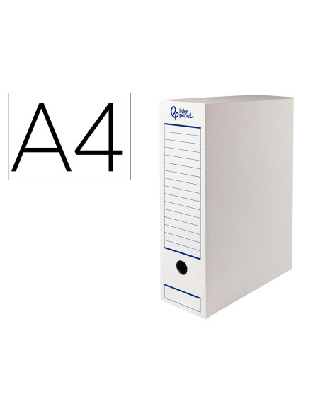 Caja archivo definitivo automatica liderpapel folio carton reciclado 325g/m2 lomo 100 mm blanco 360x100x255mm