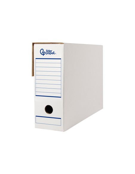 Caja archivo definitivo automatica liderpapel folio carton reciclado 325g/m2 lomo 100 mm blanco 360x100x255mm