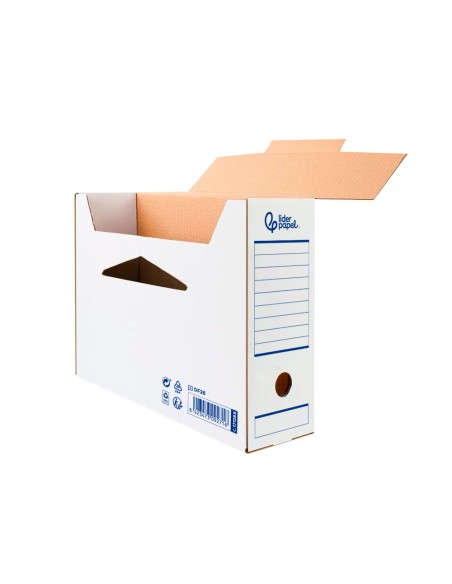 Caja archivo definitivo automatica liderpapel folio carton reciclado 325g/m2 lomo 100 mm blanco 360x100x255mm